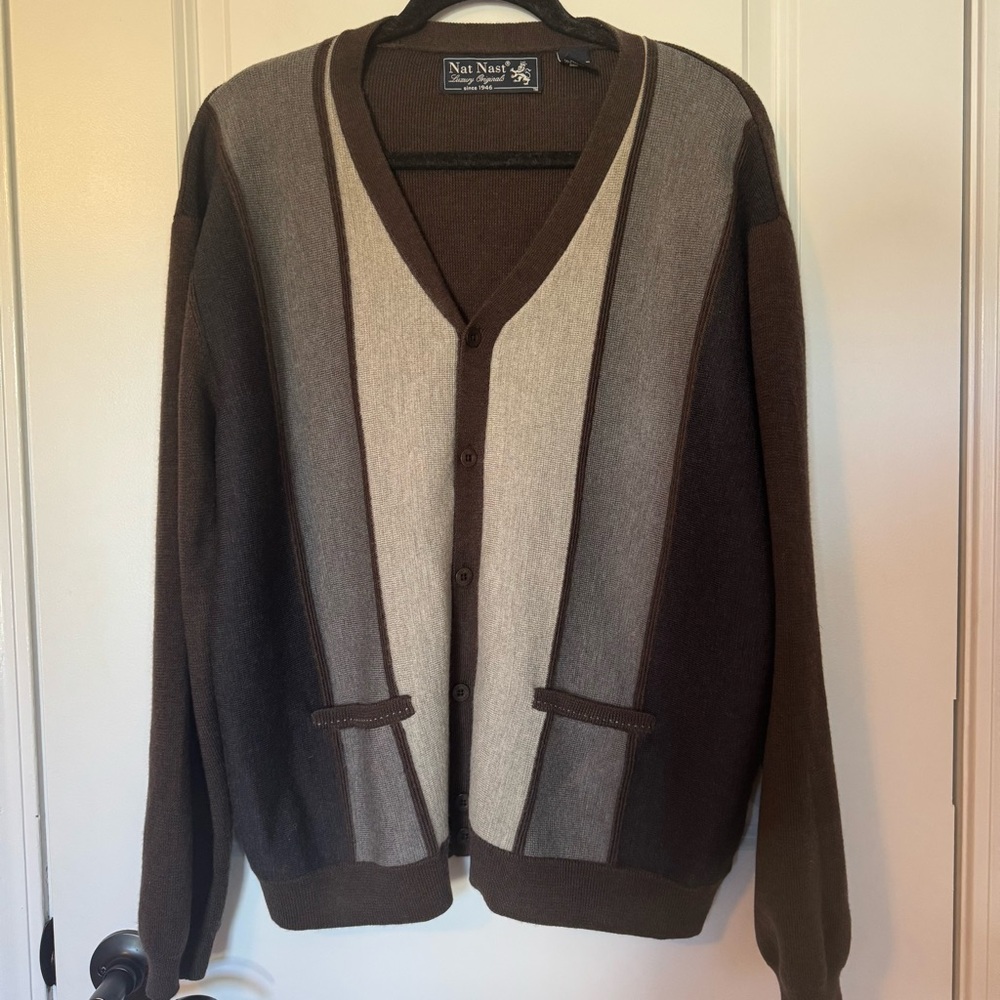 Nat Nast Men's 100% merino wool cardigan in brown, gray, and tan